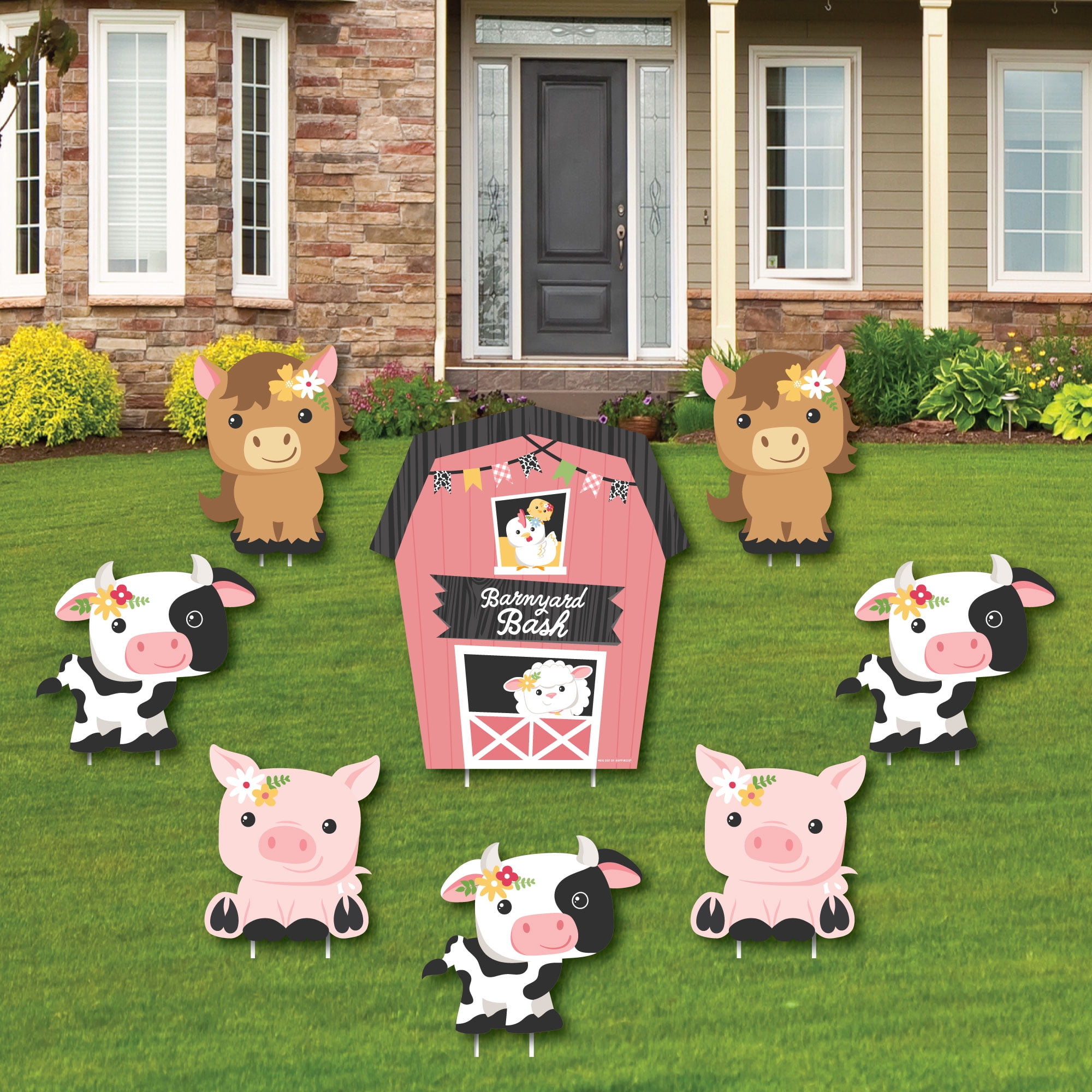 Big Dot of Happiness Girl Farm Animals - Yard Sign and Outdoor Lawn Decorations - Pink Barnyard Baby Shower or Birthday Party Yard Signs - Set of 8