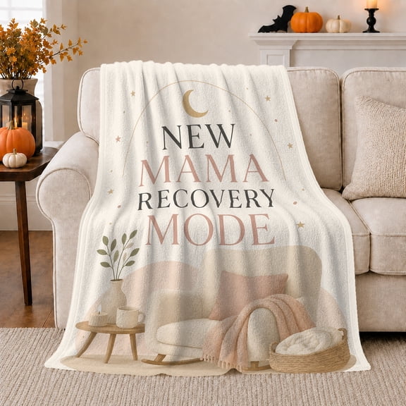 New Mama Recovery Mode Quote with Cozy Chair, Calming Graphic Style for New Moms, Postpartum Rest Motif and Baby Shower Gift, Cozy Flannel Blanket for Nursery and Bedroom, Home Decor