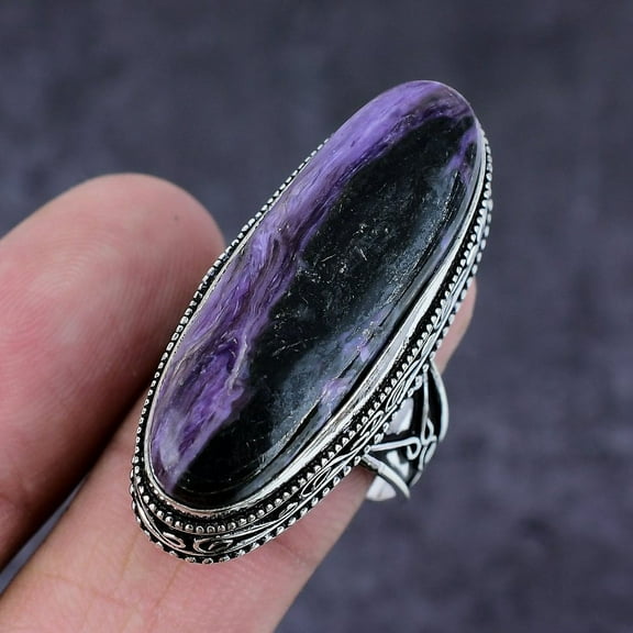 Natural Russian Charoite Gemstone Handmade 925 Sterling Silver Ring S.9.5
