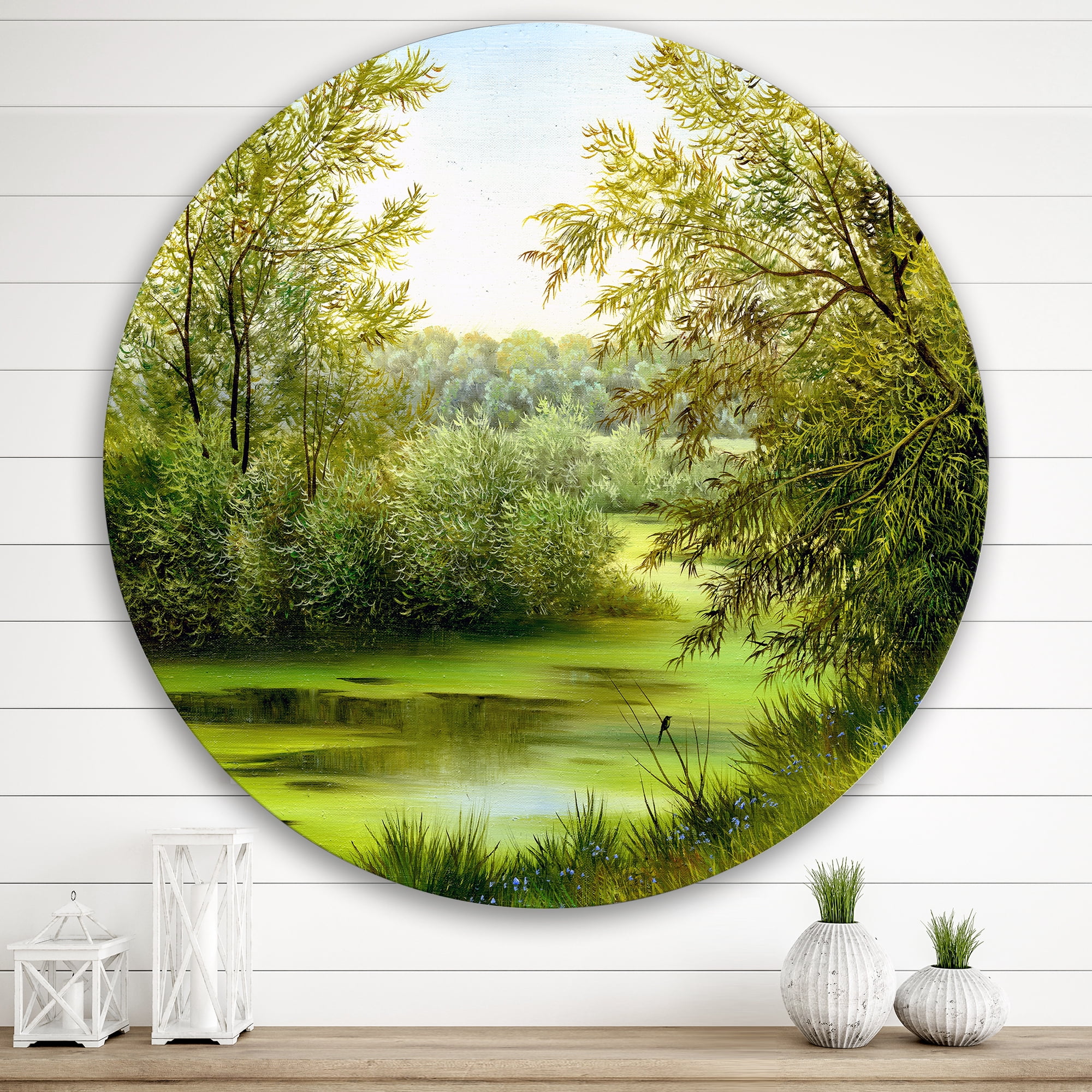 Designart 'Spring Trees With Green Pond' Country Circle Metal Wall Art 29x29 - Disc of 29