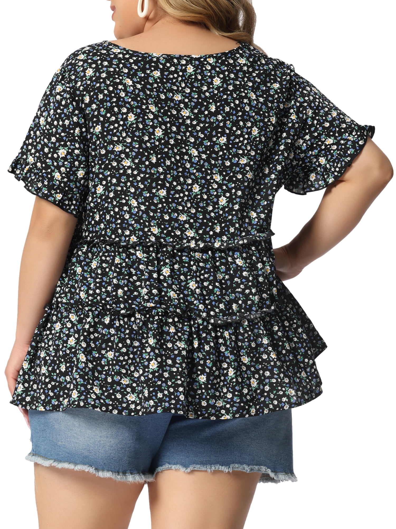 DARING DIVA Women's Plus Size V Neck Short Sleeve Floral Babydoll Blouse L Black