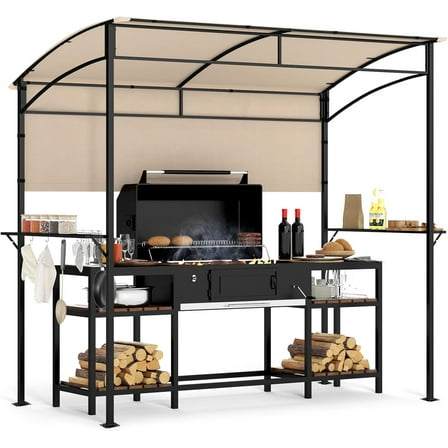 QISHENSHUI 7.8 x 4.4 FT Grill Gazebo, CPAI-84 Certificated Outdoor BBQ Canopy with 2 Metal Shelves, 5 Hooks, 4 Bottle Openers, Patio Grill Canopy for Backyard Deck Garden Lawn