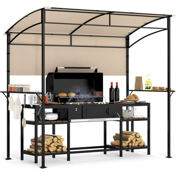 QISHENSHUI 7.8 x 4.4 FT Grill Gazebo, CPAI-84 Certificated Outdoor BBQ Canopy with 2 Metal Shelves, 5 Hooks, 4 Bottle Openers, Patio Grill Canopy for Backyard Deck Garden Lawn