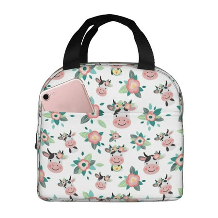 Insulated Lunch Bag for Women Men - Cartoon Cute Cow Head Flowers Leakproof Cooler Lunch Box for Women Men  Lunch Tote Bags for Work School Picnic Travel