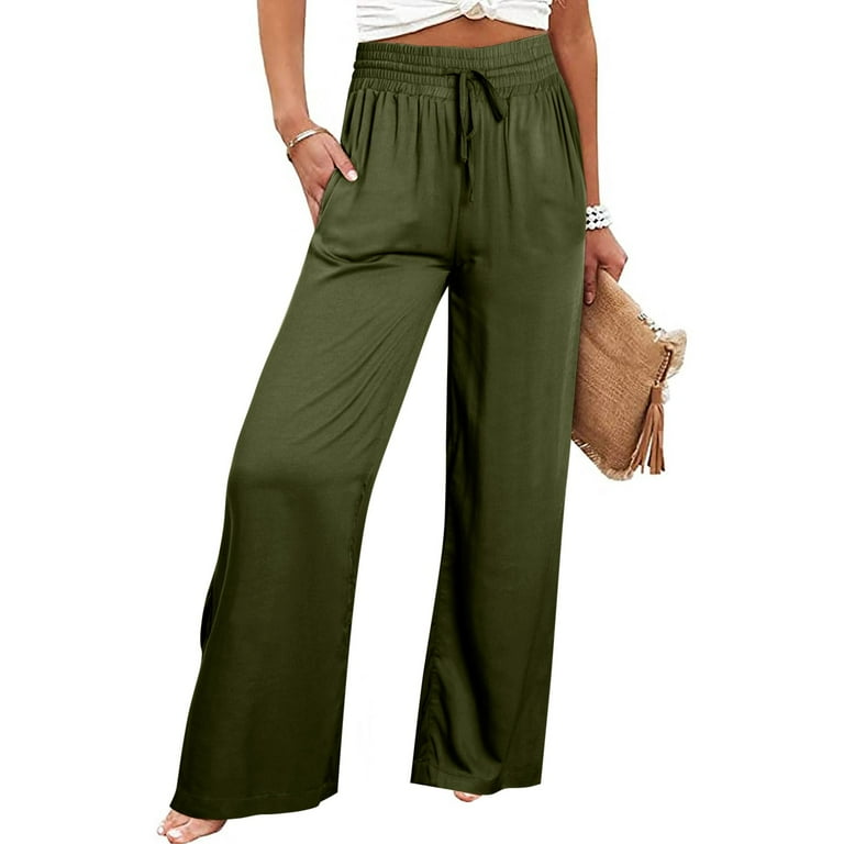 Baberdicy Women s Wide Leg Lounge Pants with Pockets Lightweight High Waisted Adjustable Tie Knot Loose Trousers Army Green Size S 3Xl Walmart