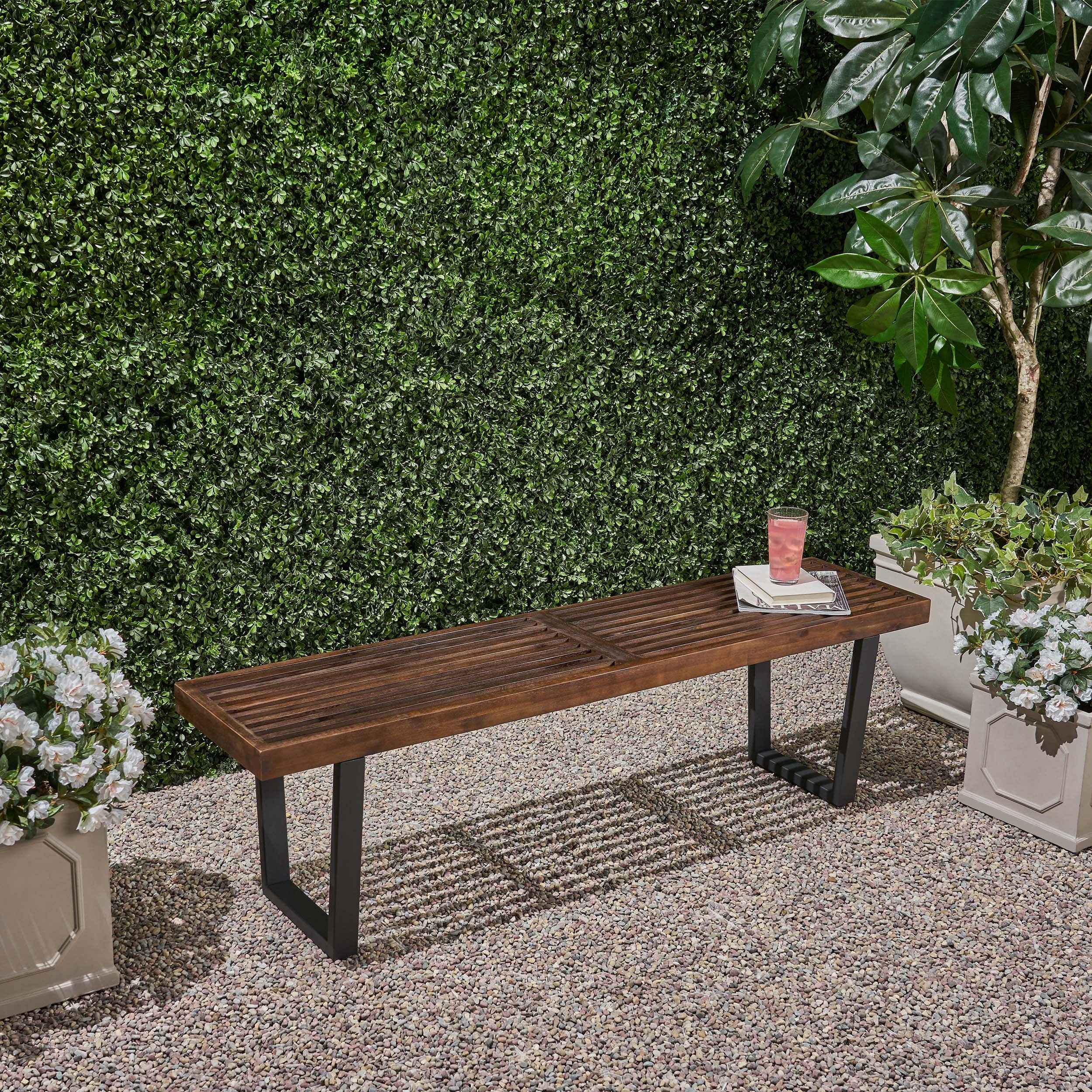 Outdoor Dining Bench with Acacia Wood and Iron Legs, Patio Bench and Garden Seating for 3 People with Adjustable Foot Pads, Dark Brown and Black