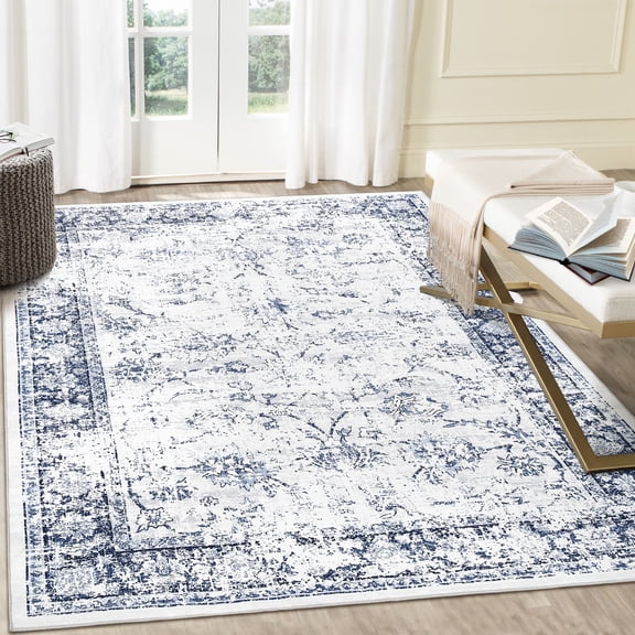 6'x9' ZACOO Vintage Distressed Oriental Floral Area Rug Non-Slip Foldable Machine Washable Pet Friendly for Living Room Entryway Dining Room, Blue Tone
