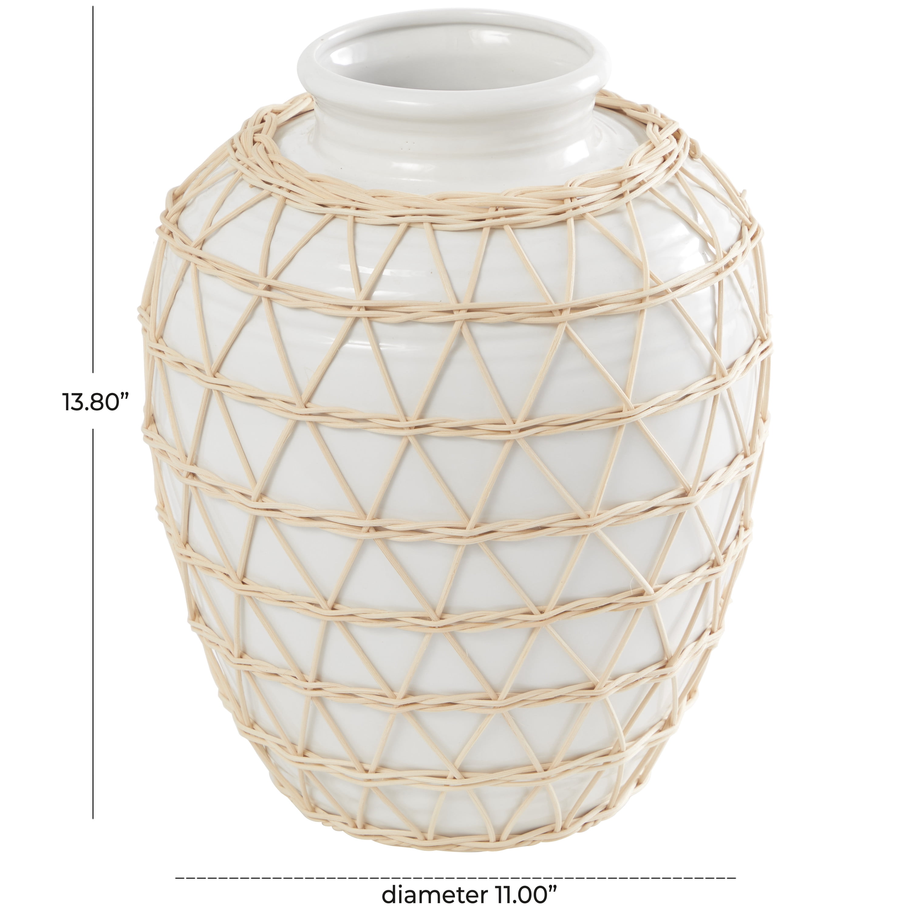 DecMode 14" Handmade White Ceramic Vase with Woven Rattan Exterior