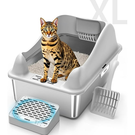 Open Box FURKID STAINLESS STEEL CAT LITTER BOX WITH LID, XL EXTRA LARGE LITTER BOX