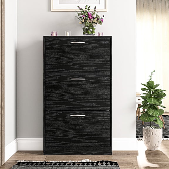Canddidliike 3 Tiers Flip Doors Wood Shoe Cabinet Storage Organizer Holds 9 of Pairs of Shoes, Black