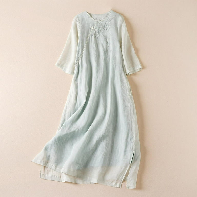 cotton linen maxi dress with sleeves Vintage Cotton Linen Maxi Dress  Long Sleeve Retro Gown 4923