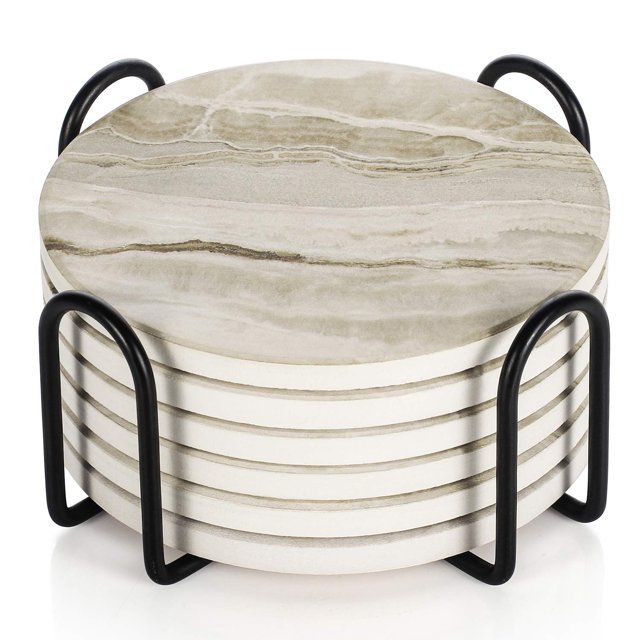 Juego de posavasos LIFVER Marble Ceramic con soporte de 4 pulgadas, paquete de 6