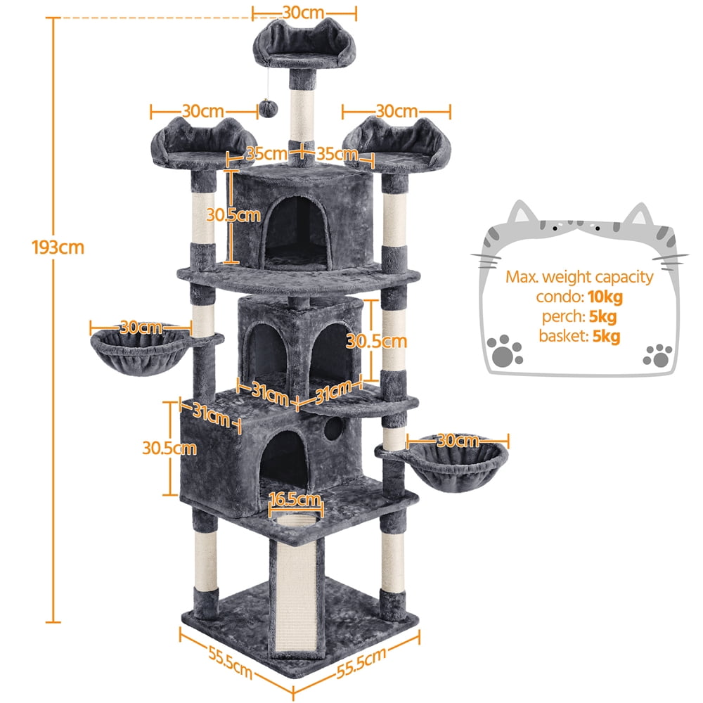 Yaheetech 76.4" Cat Tree Tower with 3 Condos and 2 Baskets, Dark Gray