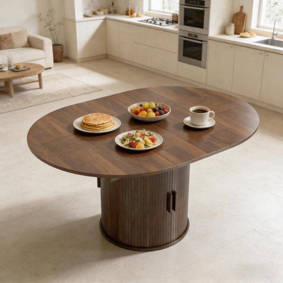 Toauuo Extendable Dining Greeting Table, Round to Oval 4-6 Seater, Hidden Storage & Fluted Sliding Door Pedestal, Melamine Coated Easy Clean, Multi-Use Dining Home Office Table