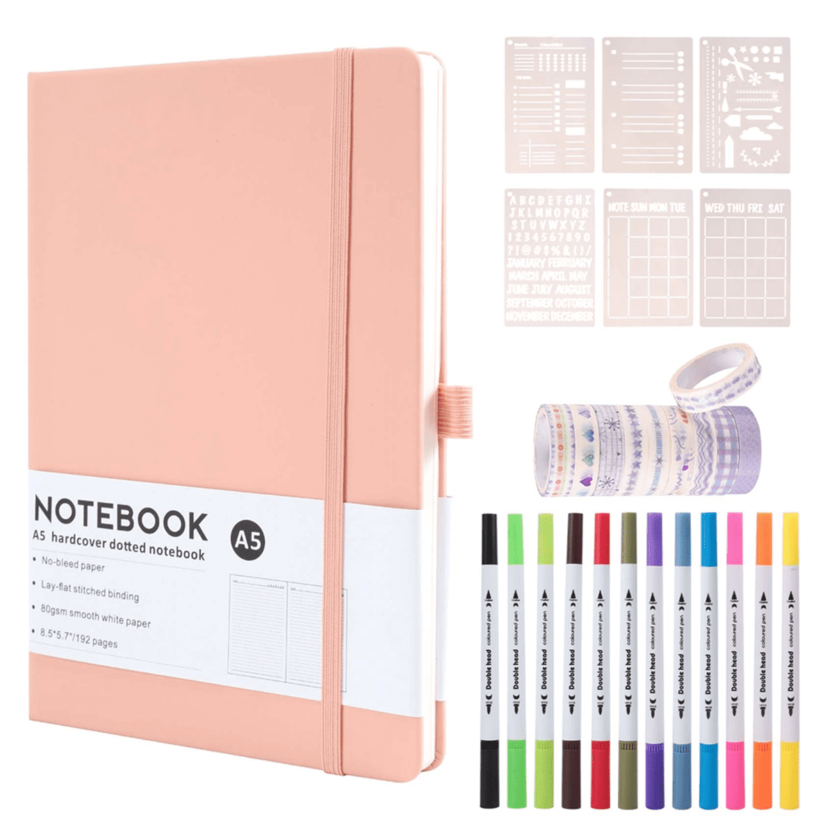 Dotted Journal Kit,A5 Hardcover Dotted Journal Notebook Numbered Pages,Dotted Journaling Kit for Beginner Pink
