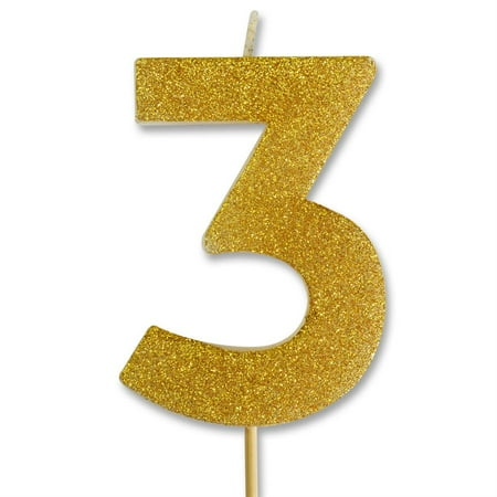 Gold Glitter Number 3 Candle 4"