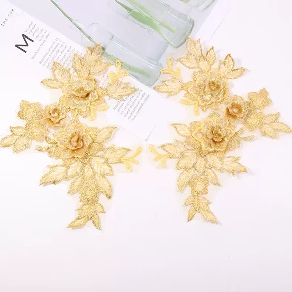 2pcs(1 pair) Fine Lace Fabric Patches Trim Applique Decor Handmade Wedding Dress Decoration-Gold