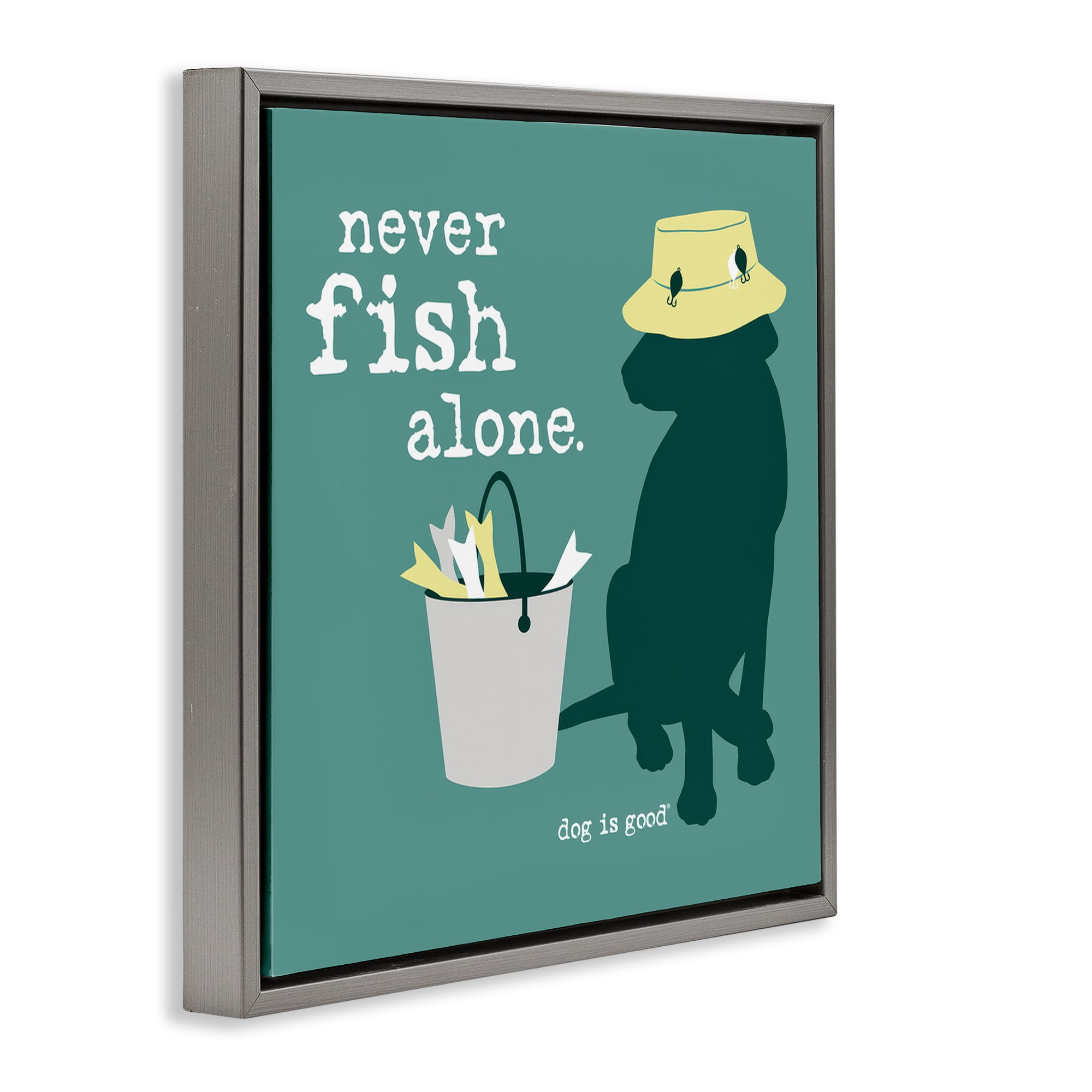 Stupell Industries Never Fish Alone Dog Animals Painting Gray Floater Framed Canvas Art Print Wall Art, 18 x 18