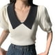 thumbnail image 3 of Blusa de punto con cuello vuelto, blusa de mujer de manga corta con bloques de color y cuello vuelto, camisa de punto de manga corta abullonada con acabado de lujo, 3 of 9