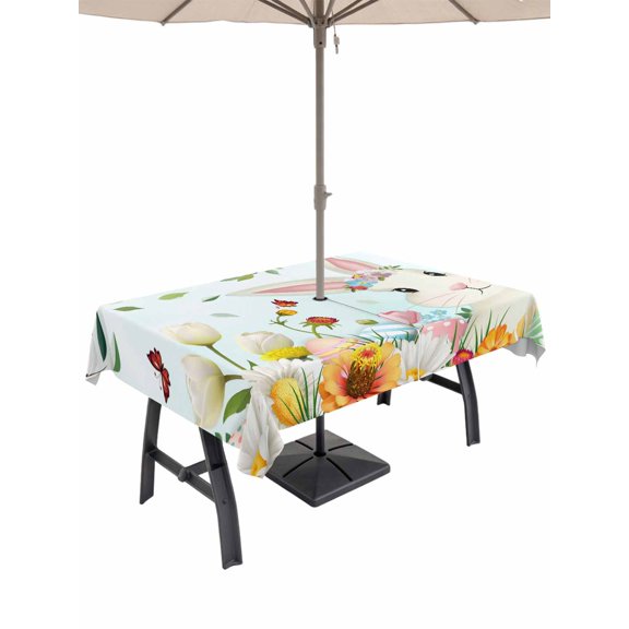 Outdoor Tablecloth with Umbrella Hole and Zipper, Easter Rectangle Table Cloth 54x80 Inch Waterproof Tablecloth, Spring Watercolor Bunny Eggs Tulip Flower Plant Picnic Table Cover for Patio Camping