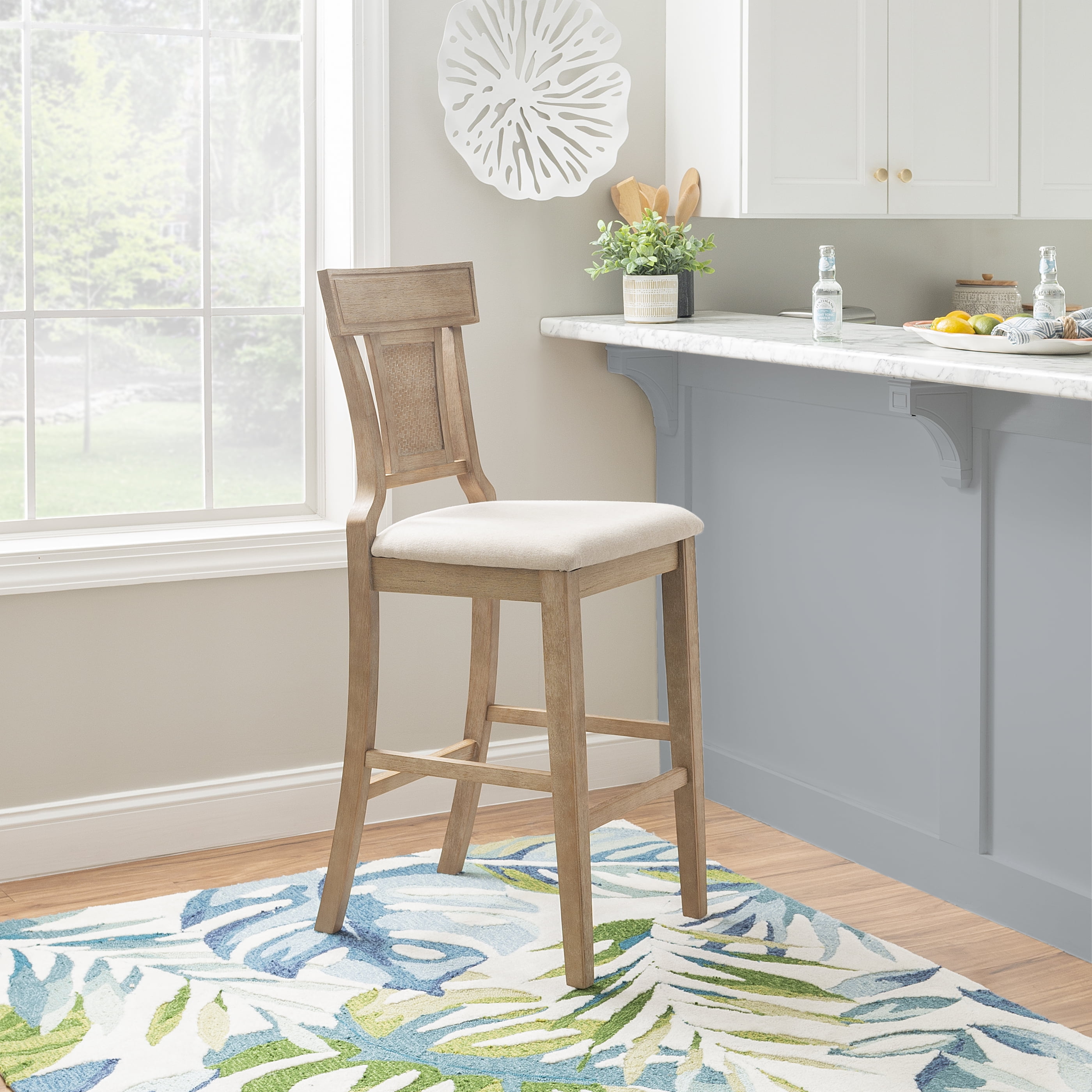 Linon Rylan 30" High Back Indoor Wood Bar Stool, Rustic Gray wash & Beige