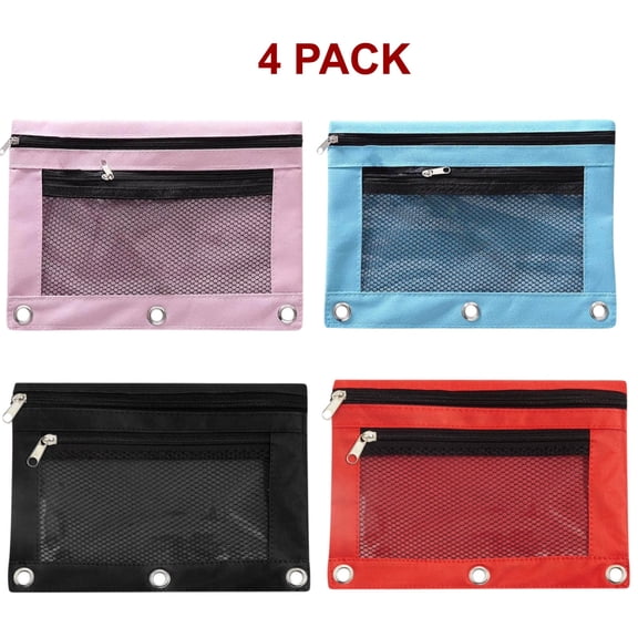 4 PACK Sturdy Pen Pouch for Binder, Large Capacity Oxford Cloth Stationery Organizer Pencil Case with Zipper, Travel Cosmetic Bag