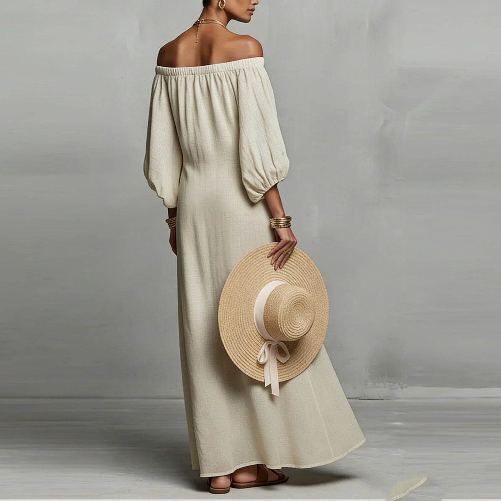 Off The Shoulder Dress for Women Floral Embroidered Puff 3/4 Sleeve Boho Maxi Dresses Casual Loose Fit Long Dress