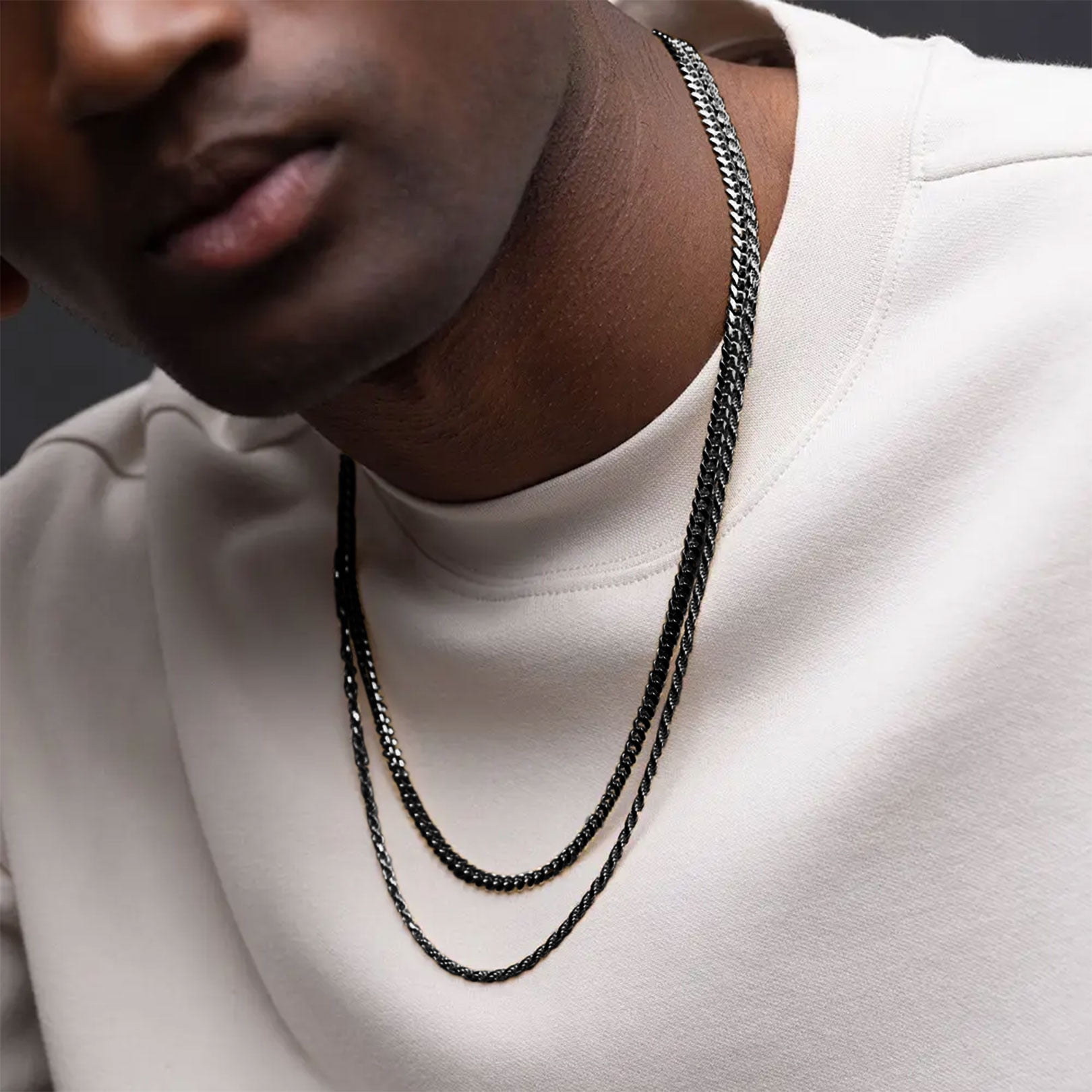FOCALOOK Twist Rope Chain Necklace for Men Black Replacement Chain for Pendant Charm 316L Stainless Steel 3mm 24 Inch with Jewelry Gift Box for Dad Christmas