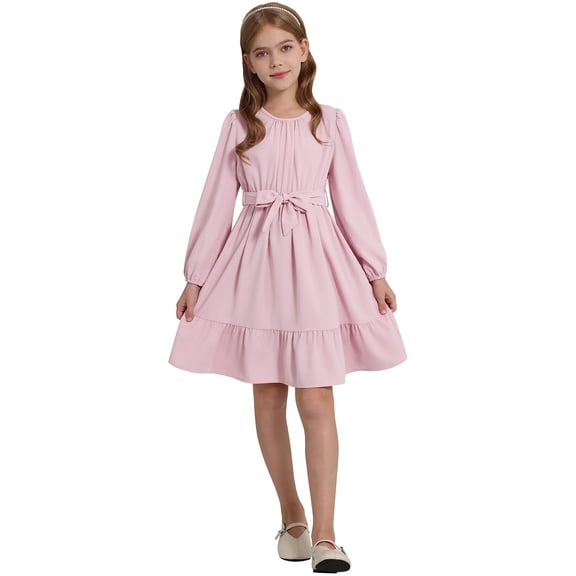 Usaibhir Girls Long Sleeve Dresses Kids A Line Pleated Wrap Belt Crew Neck Flowy Holiday Midi Dress 5-14T