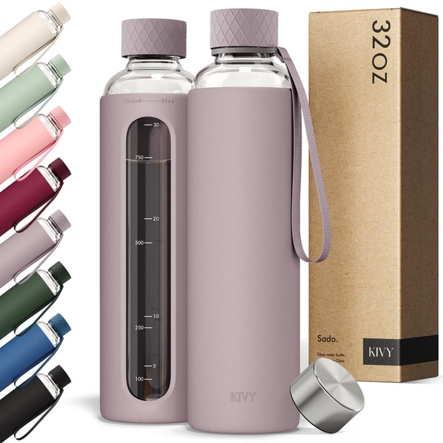 Botella de agua KIVY de vidrio de borosilicato de 950 ml con funda de silicona