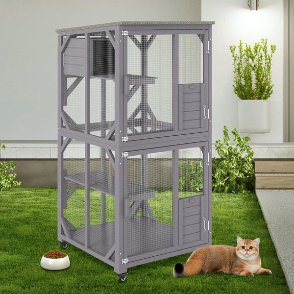 KFFKFF Cat House Outdoor, 3-Tier Large Catio, Cat Enclosure with 360° Rotating Casters, 2 Platforms, A Resting Box and Large Front Door, 29.9 x 34 x 64.1 inch