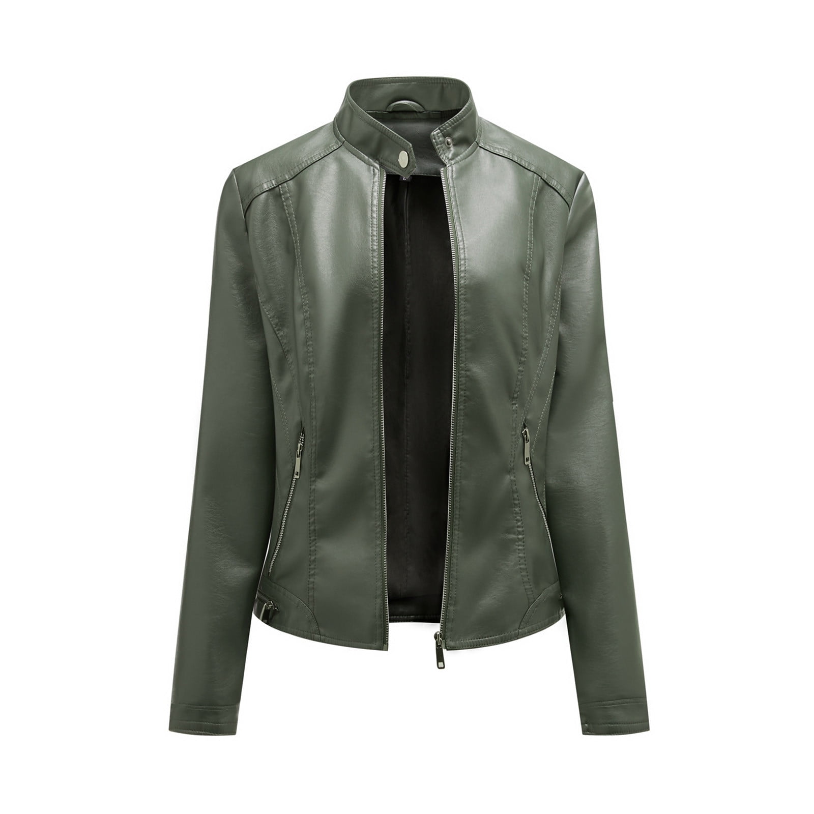 QATAINLAV Women's Fashion Faux Leather Motorcycle Jackets Casual Zipper Long Sleeve Short Coat Streetwear, Army Green, XXL
