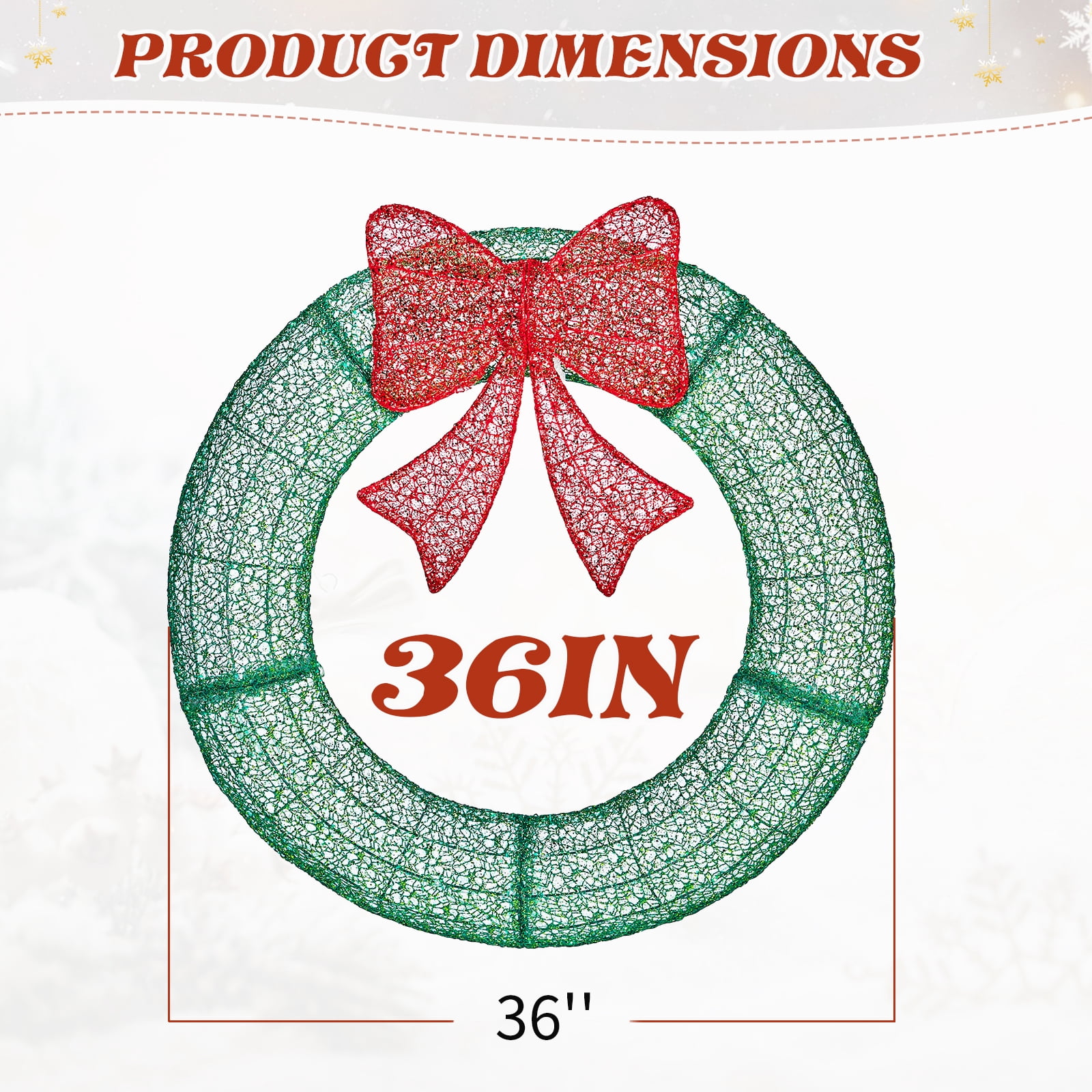 35.4" Pre-Lit Outdoor Christmas Wreath with Red Bow, 225 Red Green LED Lights Remote Control Timer Weather-Resistant Metal Frame for Indoor Outdoor Front Door Porch Gate Holiday Decor