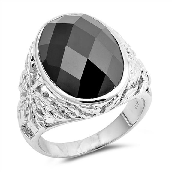 Black Cubic Zirconia Large Filigree Wide Facet Ring .925 Sterling Silver Band Jewelry Female Size 6