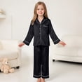thumbnail image 2 of larppty Pajama Set for Kid Baby Boy Girl Button-up Silk Pajama Sleepwear Nightwear Loungewear Clothes Set Gifts for Kids (7-8 Years,Black), 2 of 7