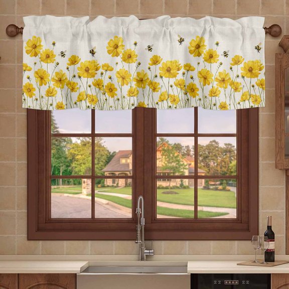 Kitchen Valances for Window, Country Yellow Flower Bee Light Filtering Rod Pocket Valance Curtain, Farm Plant Retro Linen Short Curtains Window Topper for Bedroom Bathroom Living Room 54x18in