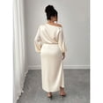 thumbnail image 2 of Apricot Satin Asymmetric Cowl Neck Ruched Waist A-Line Midi Dress, 2 of 6