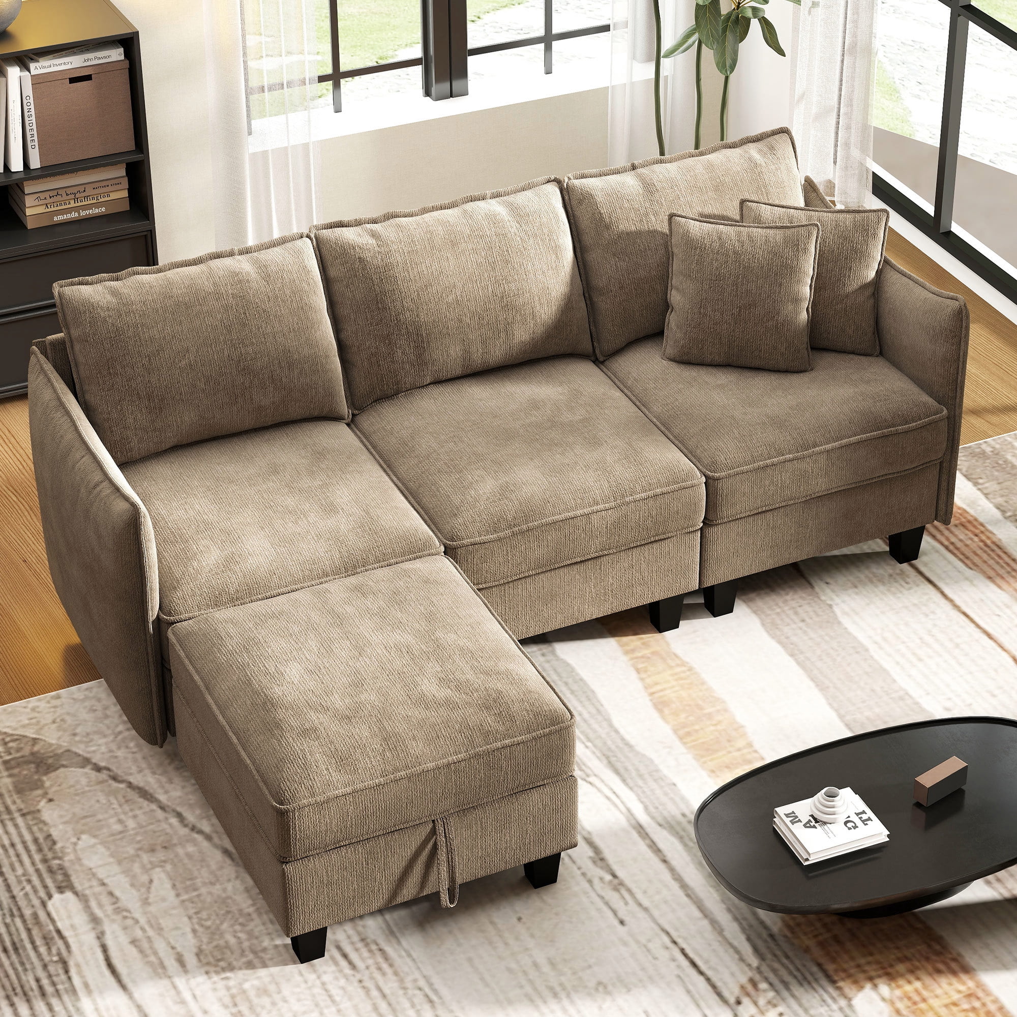 BedLuxury 84” Modular Sectional Sofa with Moveable Storage Ottoman, Cloud Couch Seats 4, Modern Living Room Furniture, Chenille Brown