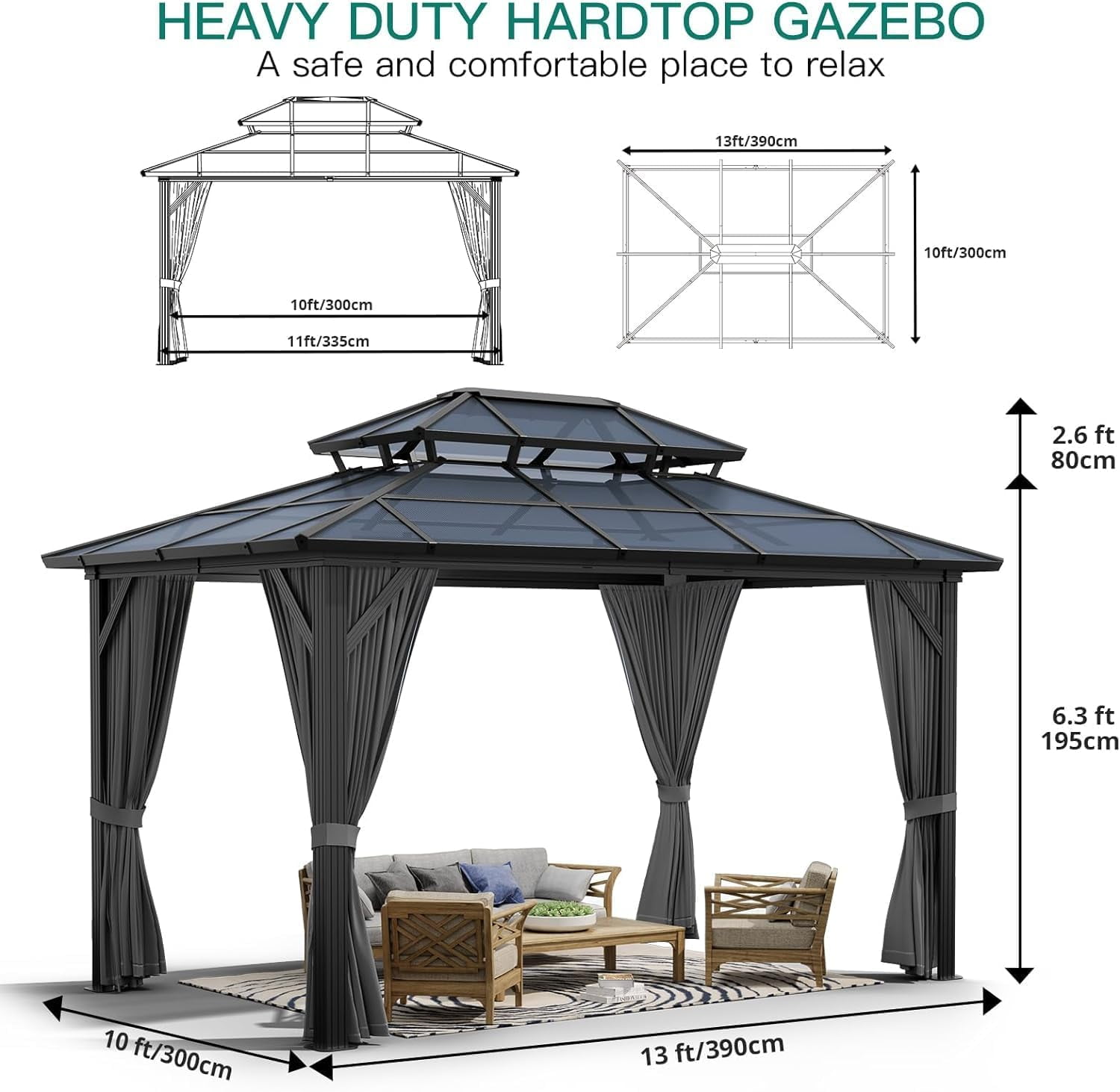 Soonbuy 12'x10' Aluminum Permanent Hardtop Gazebo with Double Roof, Includes Removable Curtains & Mosquito Netting for Patio, Garden, and Backyard Use(ship in 2 boxes)