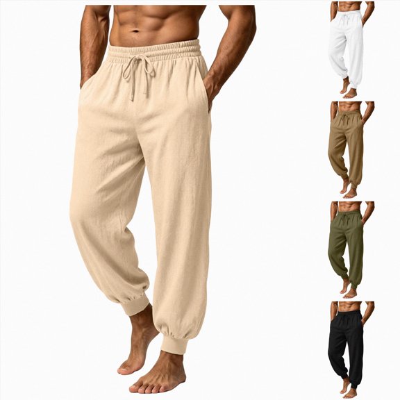 Men's Tapered Chino Pants with Pockets Mens Sweatpants with Pockets Outdoor Running Jogger Pants Elastic Waist Drawstring Workout Casual Sweatpants L White