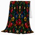 thumbnail image 2 of Vibrant Folk Art Floral Botanical Black Cheerful Decorative, Warm Flannel Blanket for Sunroom and Reading Nook, Festive autumn celebration Scene, Art Lovers autumn celebration Gift, 2 of 7