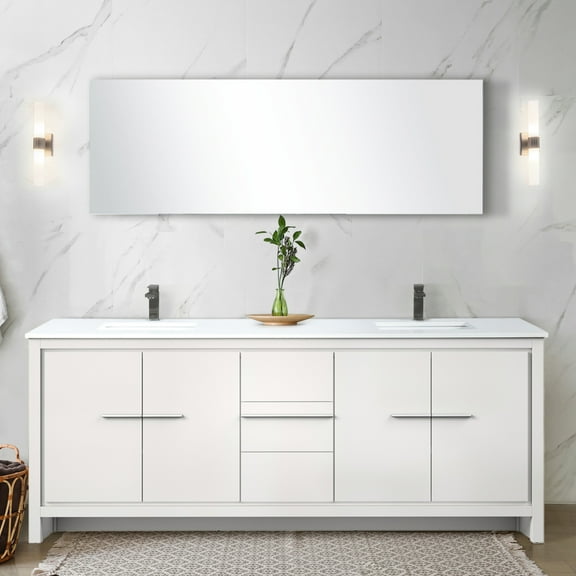 White 80 In. Bath Vanity With Marble Top And Included Faucet - Soft Close Feature Abundant Interior Storage Space Wide Countertop Function Generous Capacity For Bathroom