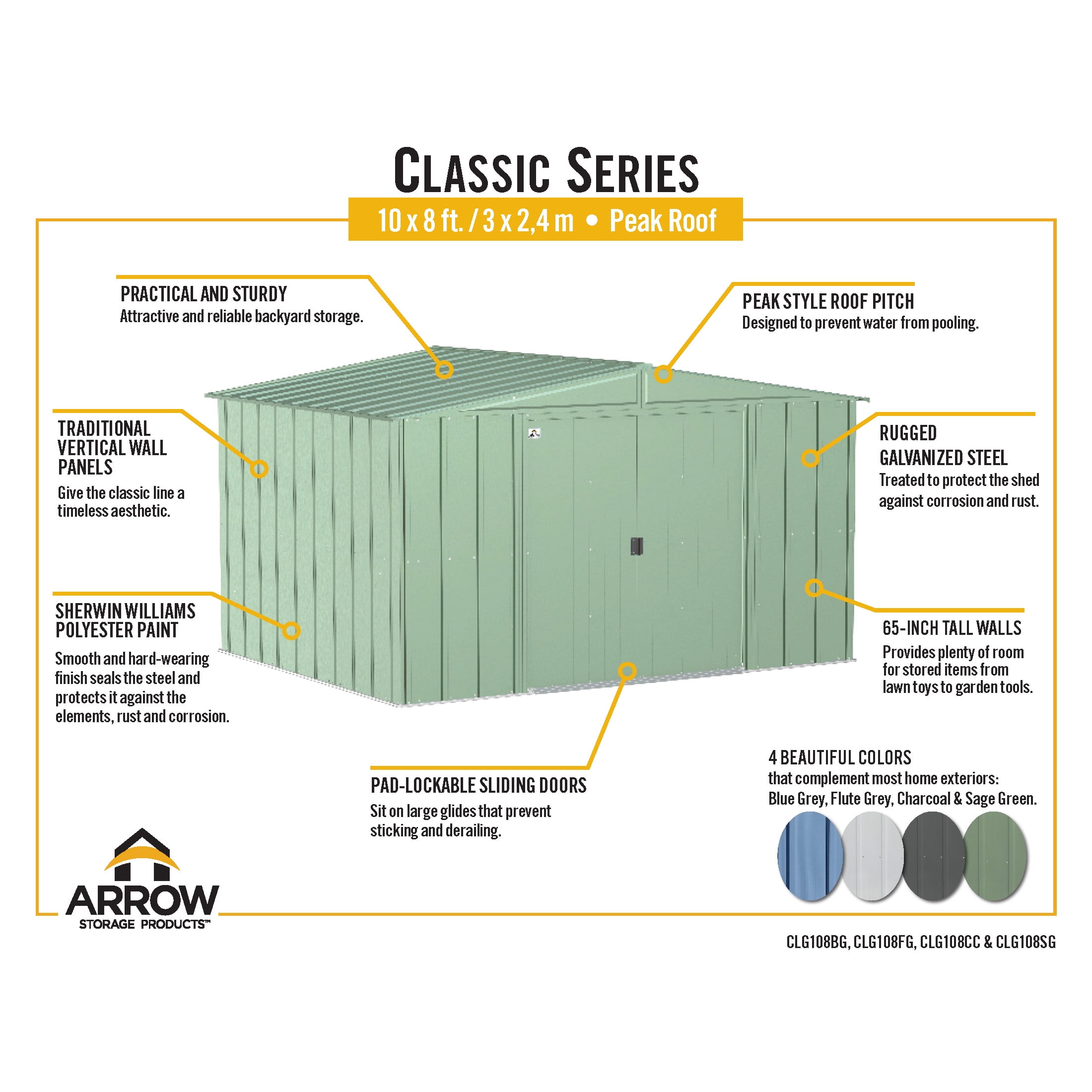 Arrow 10 x 8 x 6 ft Green Shed