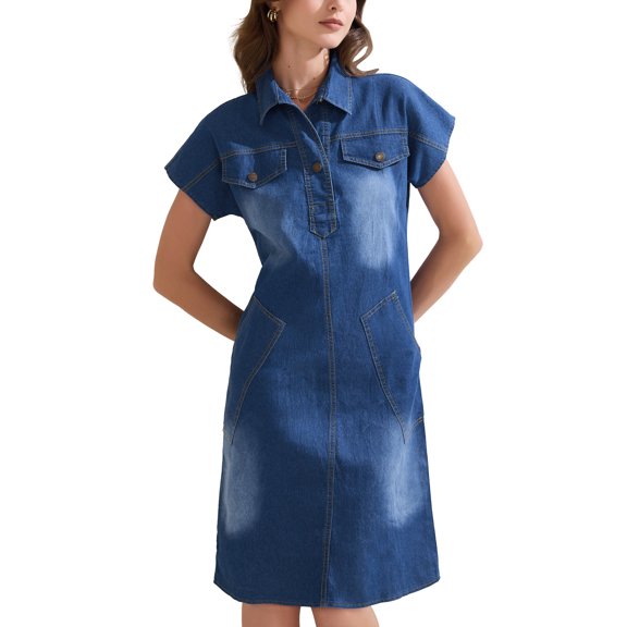 INSPIRE CHIC Women's Denim Short Sleeve V Neck Button Down Collared with Pockets Midi Shirt Dress XS Denim Blue