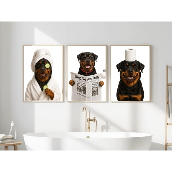 Set of 3 Funny Rottweiler Bathroom Prints, Wall Art, Bathroom art, Bathroom Wall Decor, Rottweiler in Toilet, Poster Only