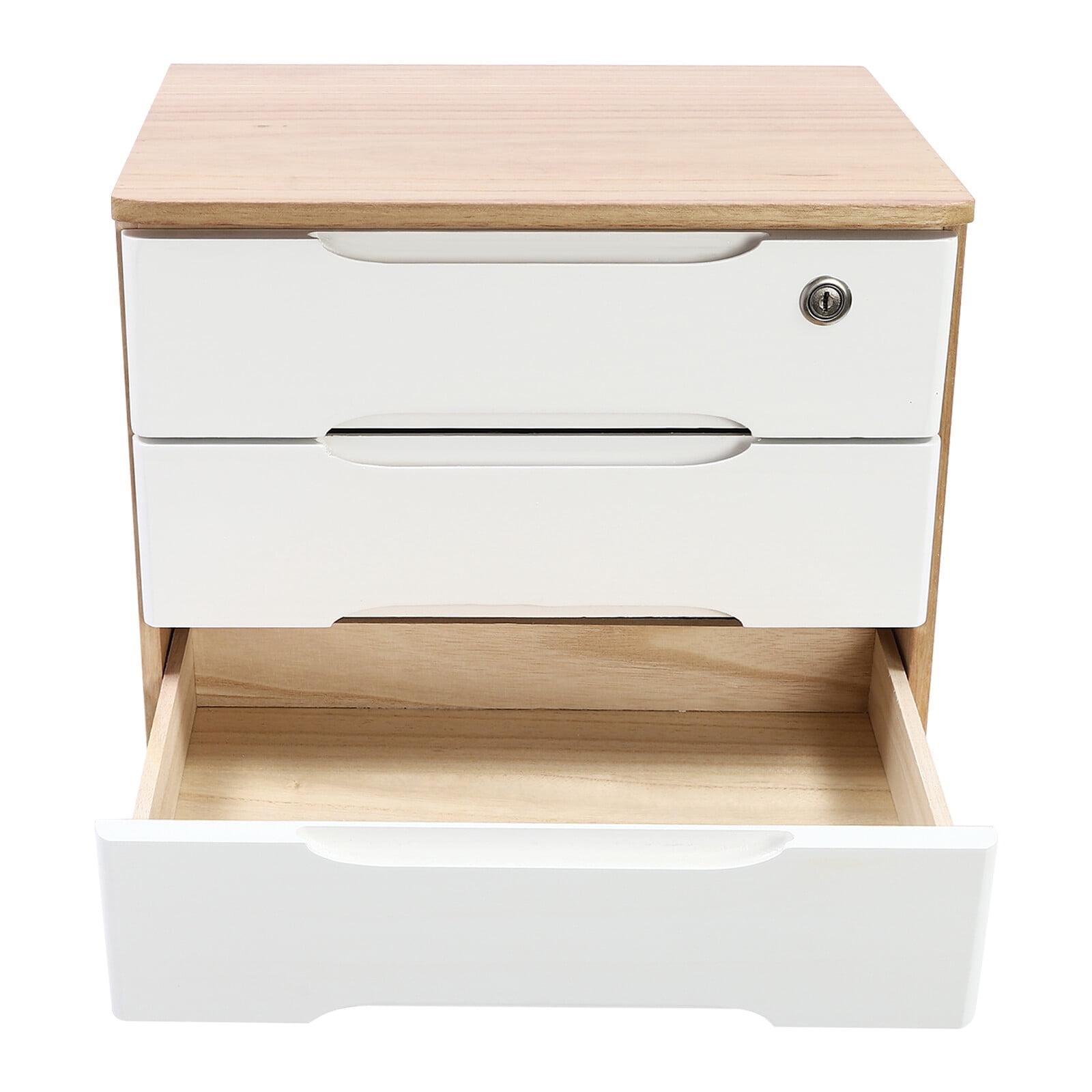 ToppiJoy 3-Tier Wooden Desktop Storage Box with Lockable Drawers, Modern Tung Wood Desk Organizer, Bamboo Storage with Keys (Wood Color, White)