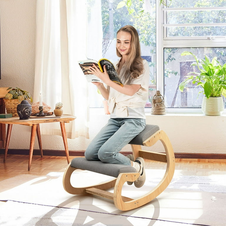 Gymax Ergonomic Kneeling Chair Wood Rocking Posture Stool w