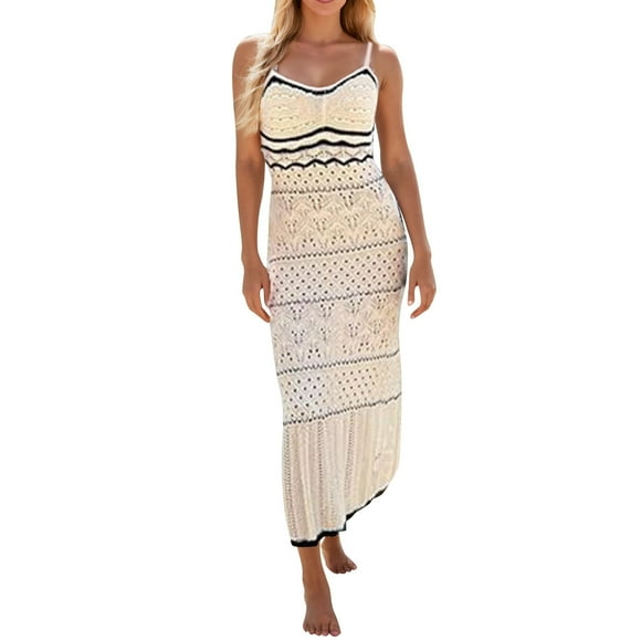 Kcodviy Women's Spaghetti Strap Dress V Neck Women Dress Crochet Eyelet Sleeveless Striped Button Front Dress Midi Dress Summer Beach Woman Maxi Dress Casual Knit Long Dresses