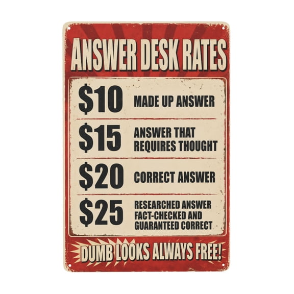 Answer Desk Rates Funny Novelty Metal Tin Sign For Home Bar Office And Cafe Wall Decor 8x12 Inch