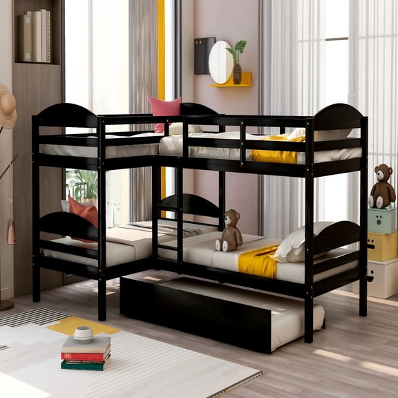 DRNANLIT Twin L-Shaped Bunk Bed with Trundle, 5-in-1 Space Saving Bed Frame with Full-Length Guardrail, Solid Pine Wood,Espresso